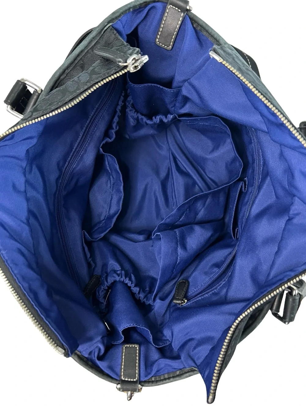 Coach Signature Stripe Multifunction Diaper Tote Bag Black Canvas Blue Interior
